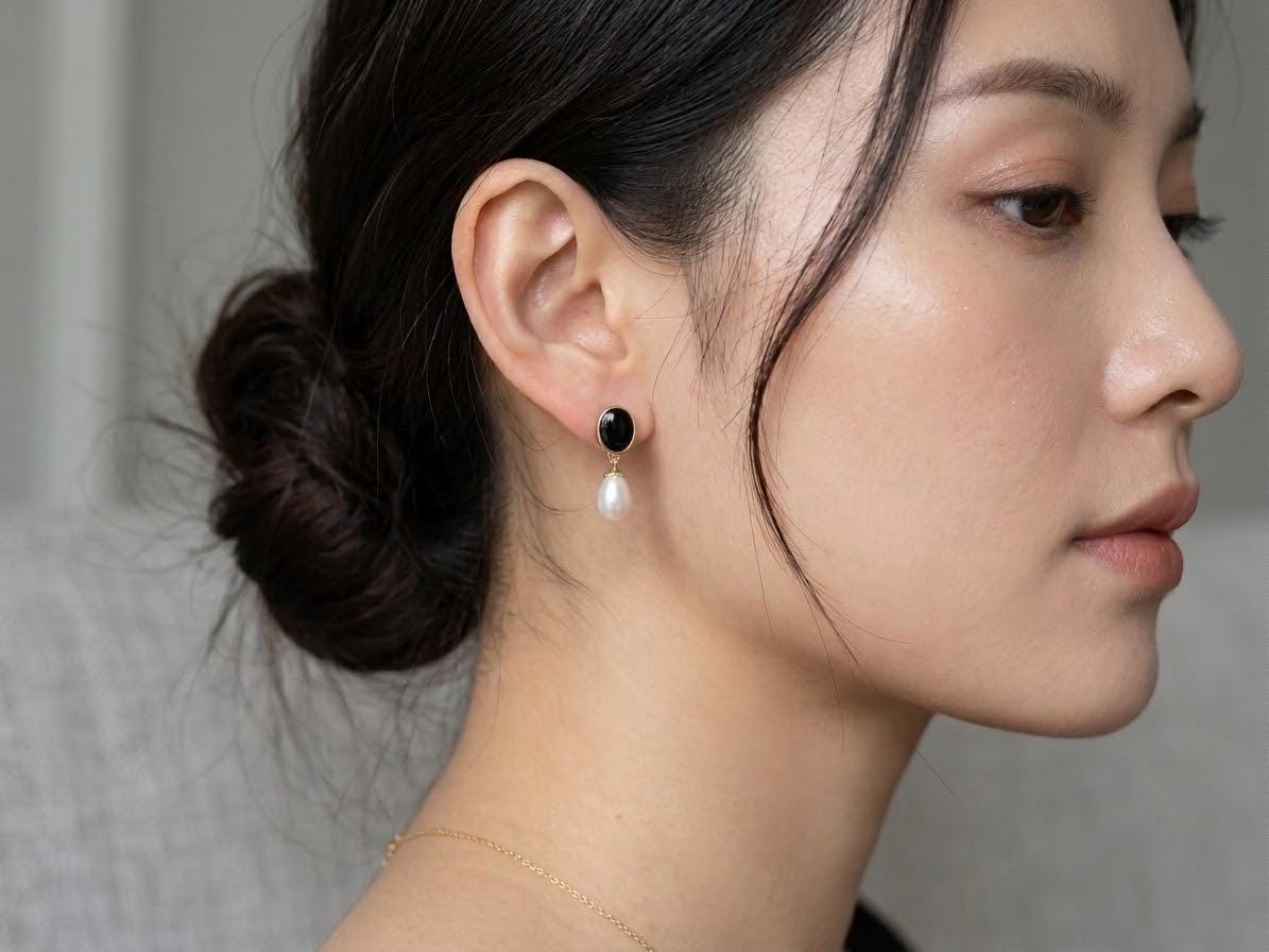 Black Gemstone Freshwater Pearl Drop Earrings