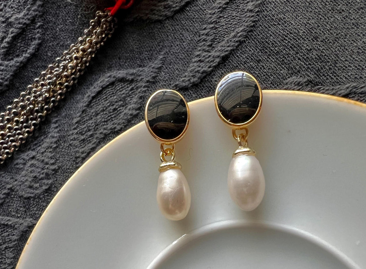 Black Gemstone Freshwater Pearl Drop Earrings