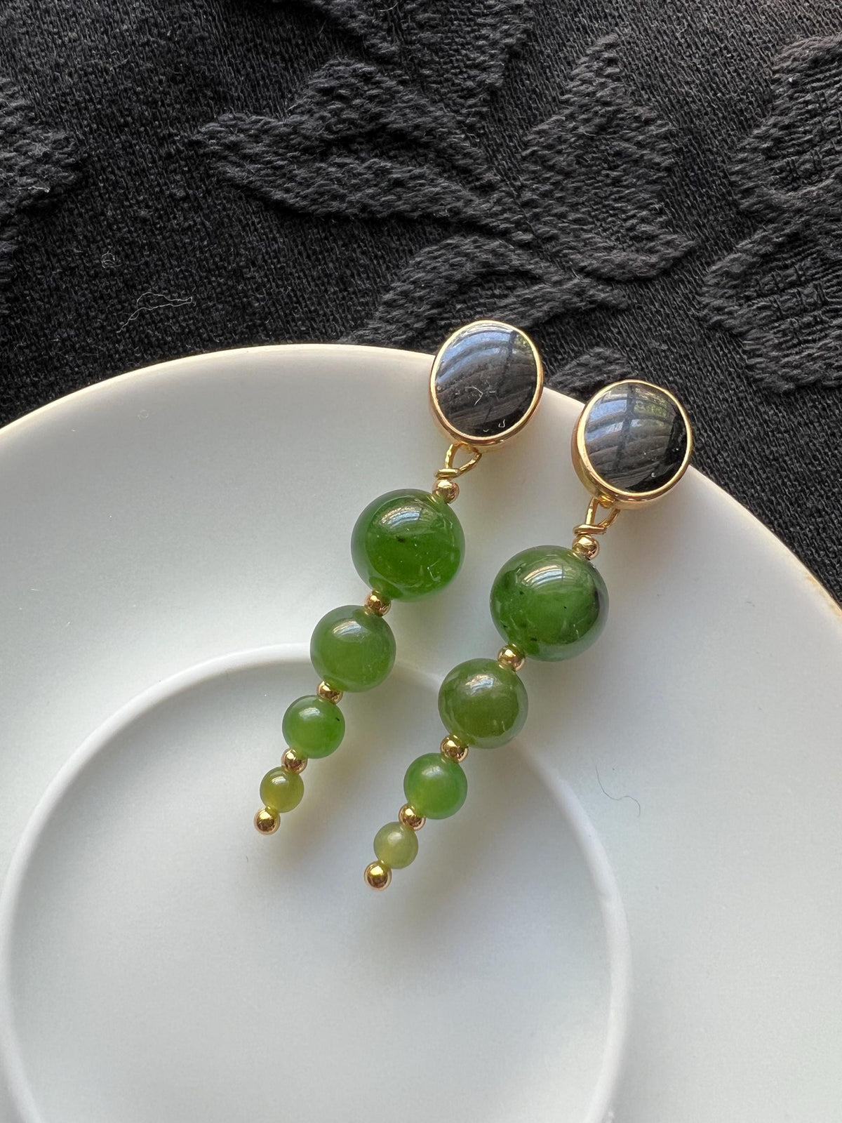 Green Nephrite & Black Gemstone Earrings