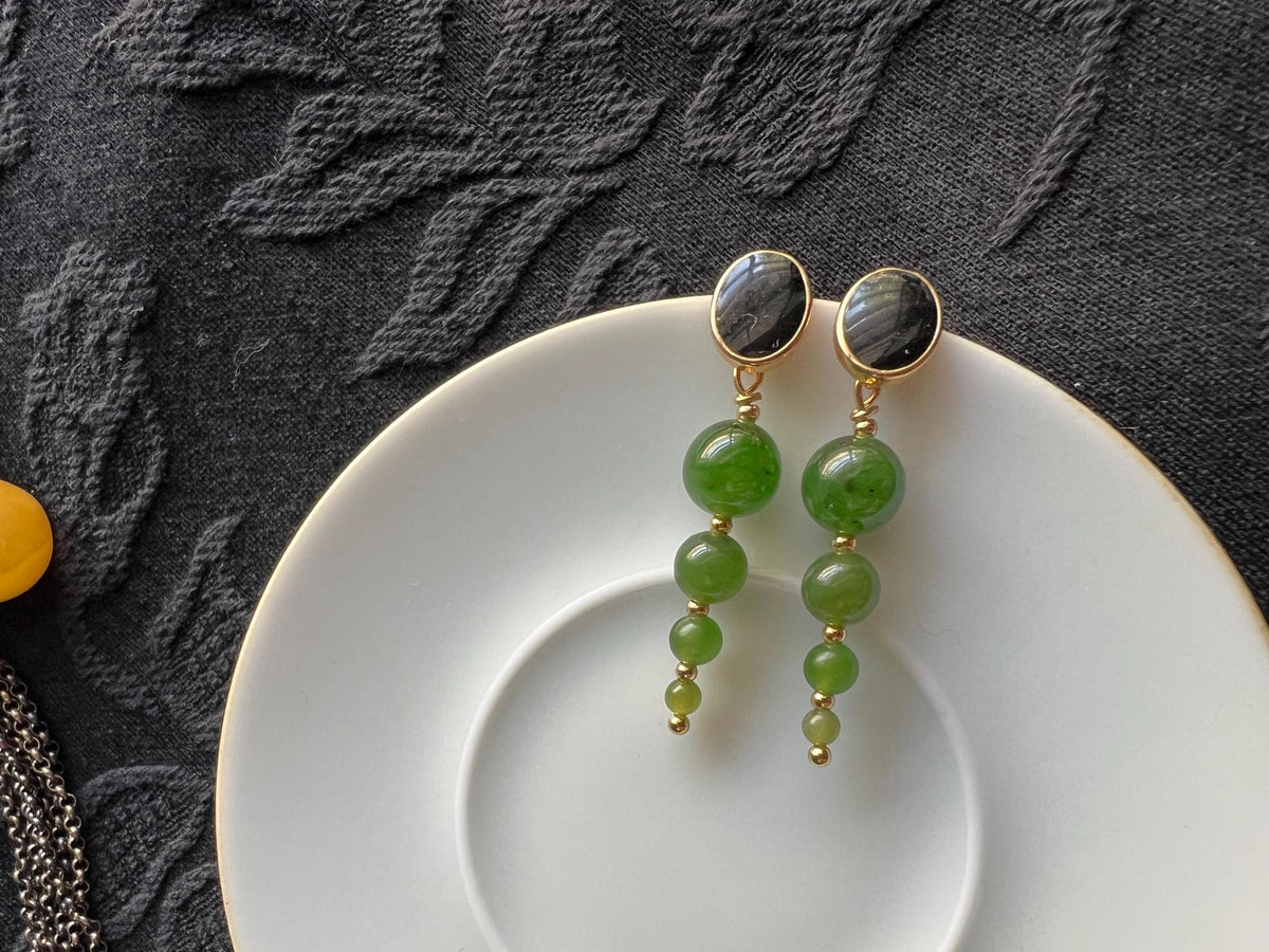Green Nephrite & Black Gemstone Earrings