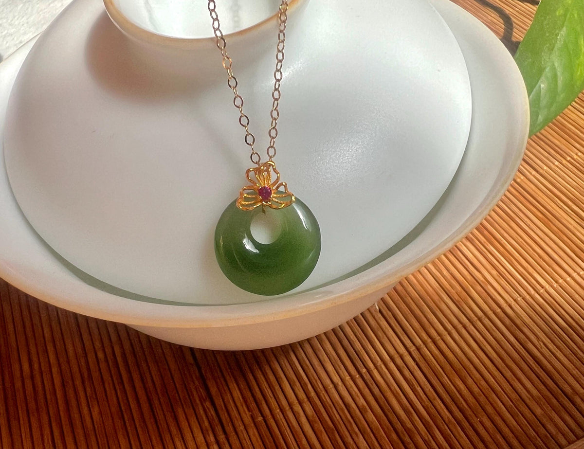 Nephrite Donut & Ruby Pendant in 18K Gold