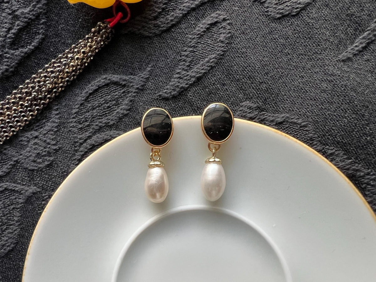 Black Gemstone Freshwater Pearl Drop Earrings