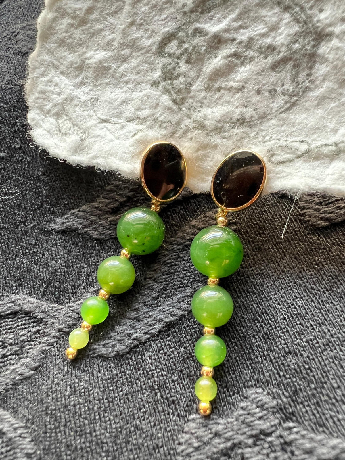 Green Nephrite & Black Gemstone Earrings