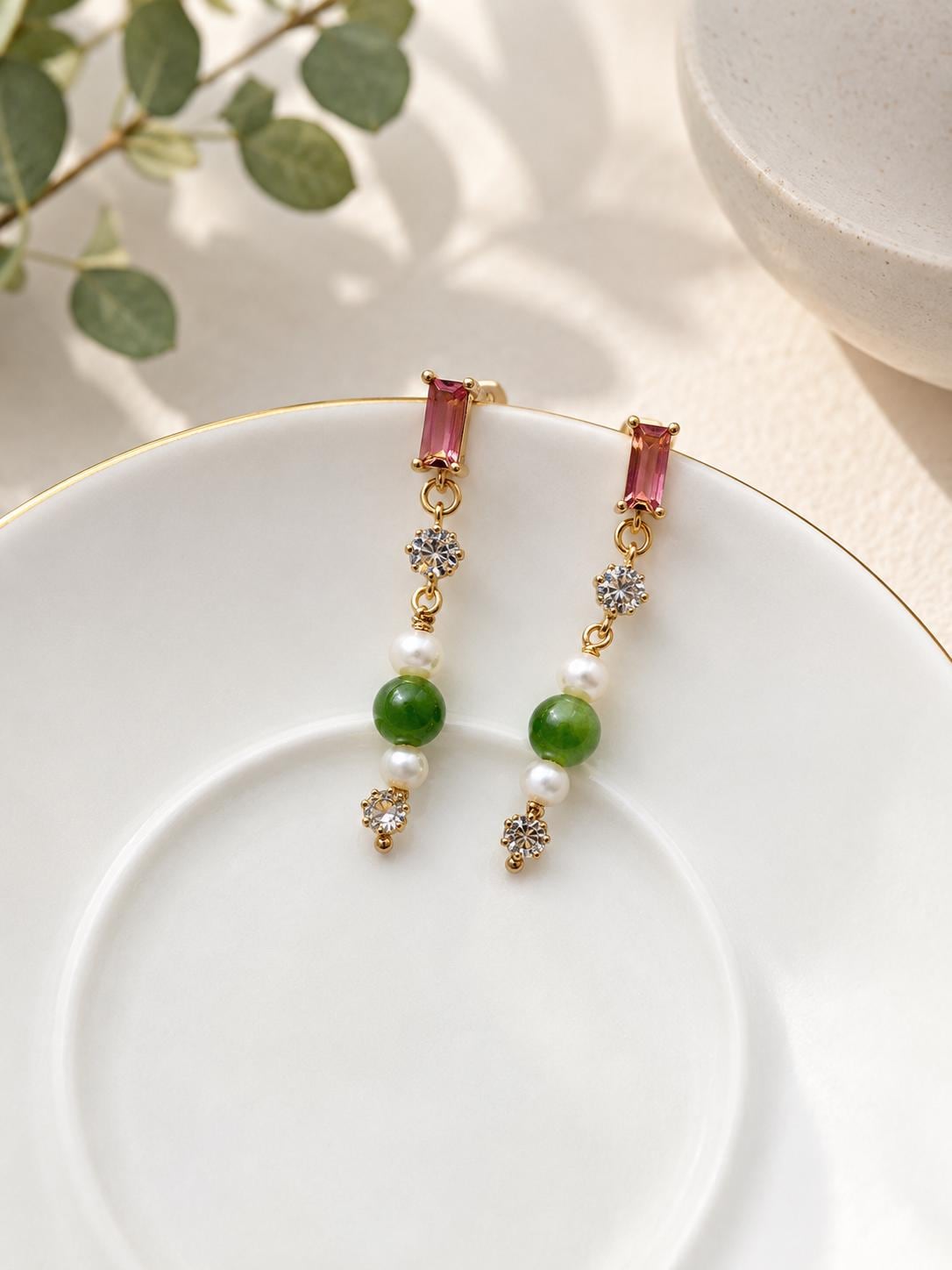 Green Jade & Pink Gemstone Drop Earrings