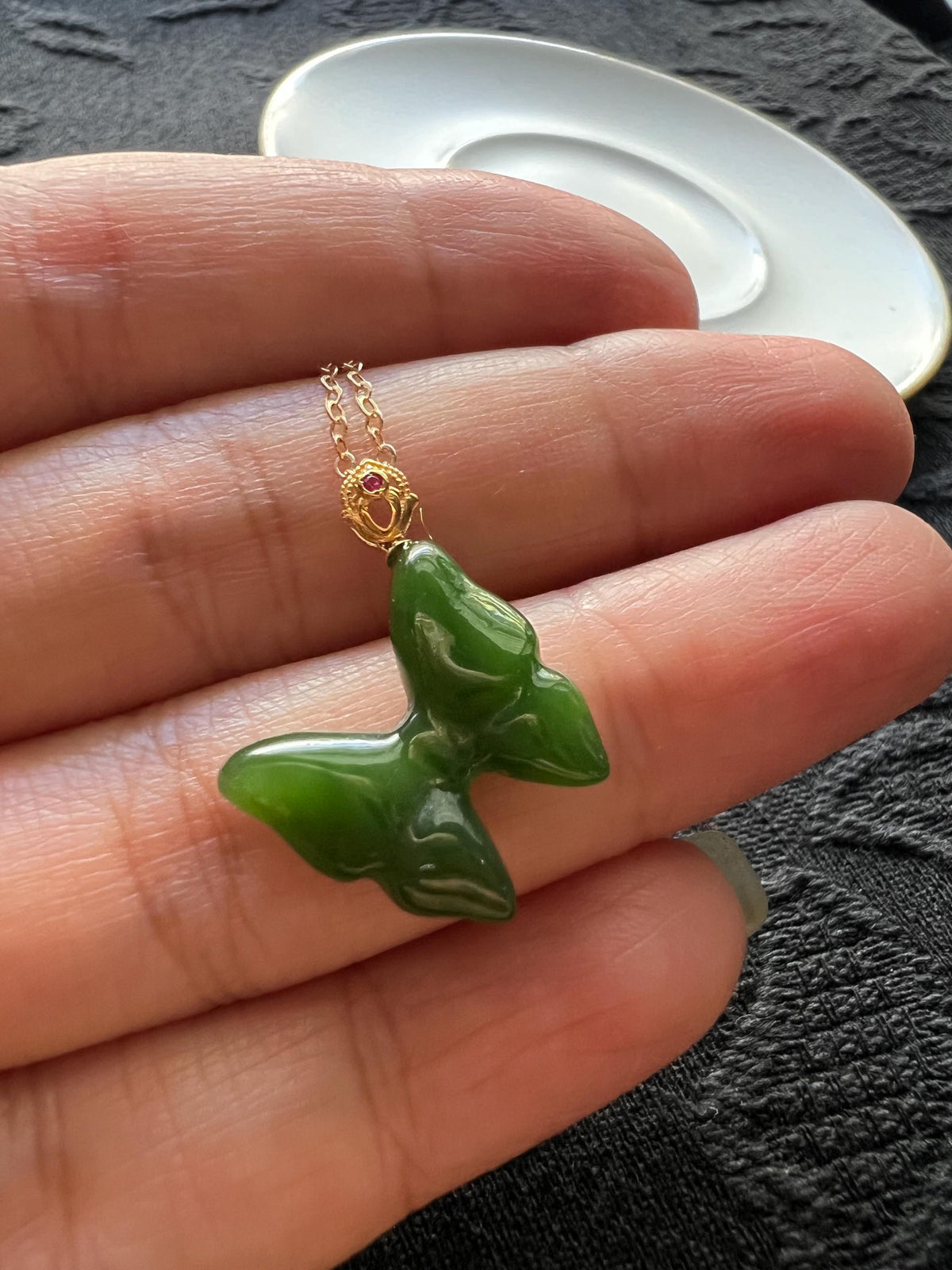 Nephrite Butterfly & Ruby in 18K Gold