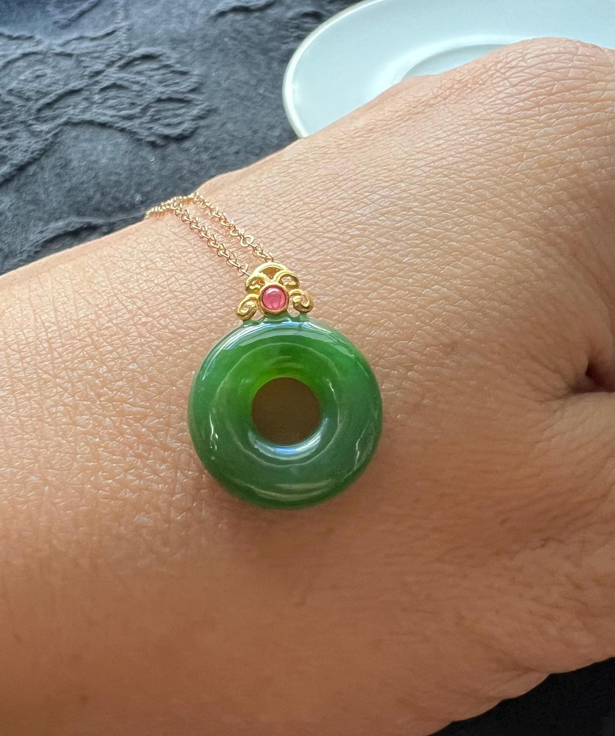 Nephrite Donut & Ruby Pendant in 18K Gold