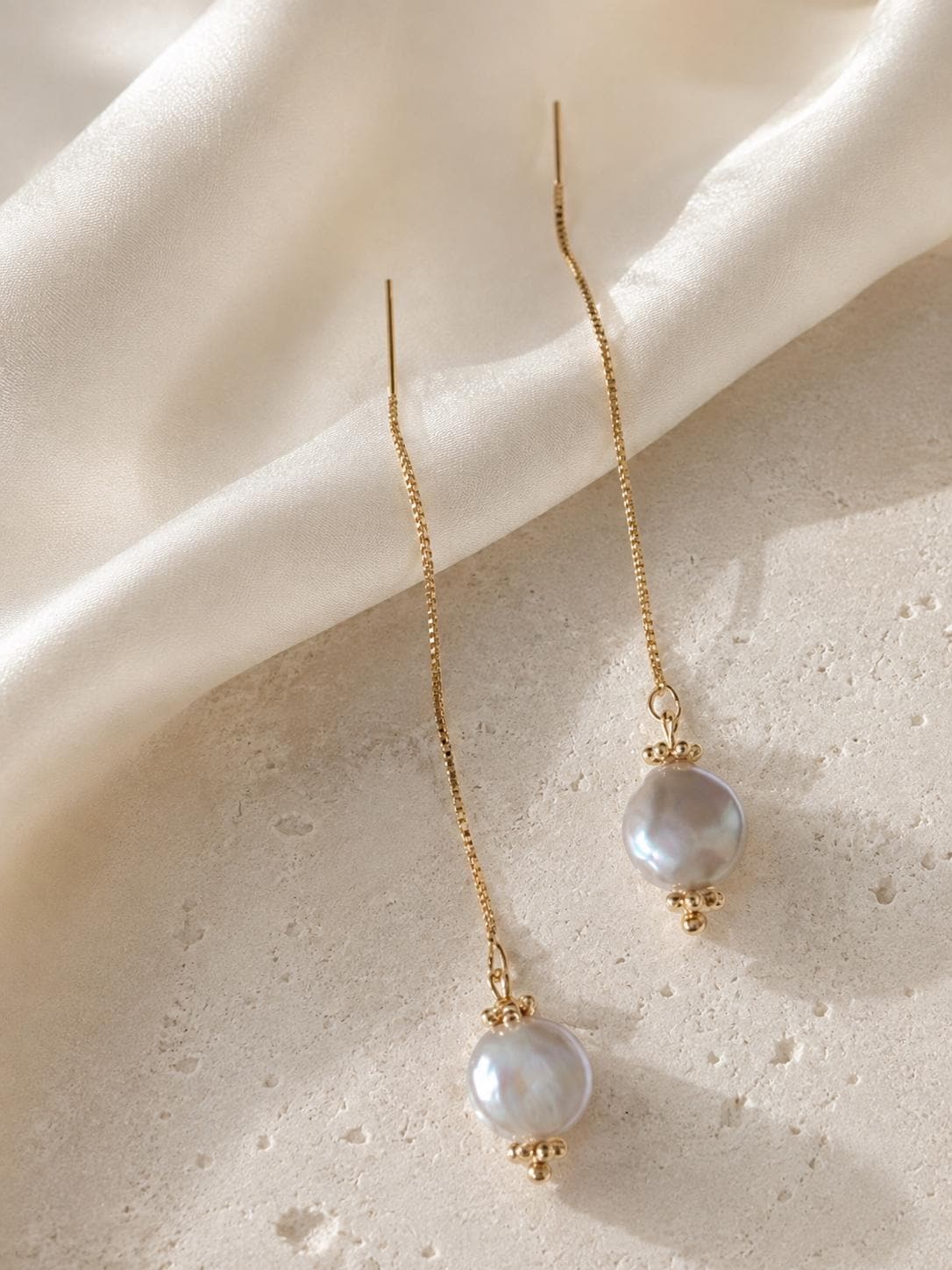 Freshwater Coin Pearl Dangle Threader Earrings