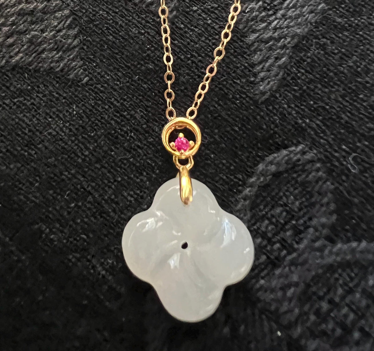 White Nephrite Clover & Ruby Pendant