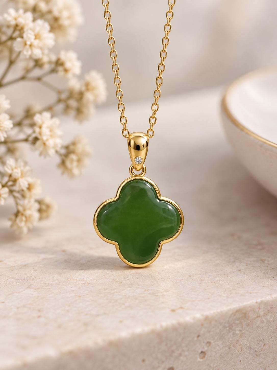 Green Nephrite Four-Leaf Clover Necklace