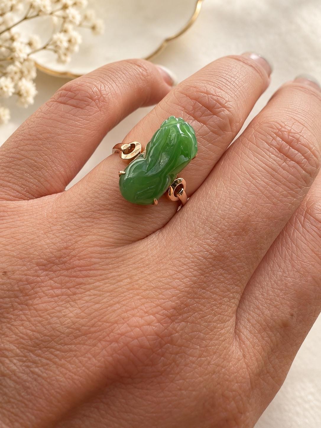Green Nephrite Pixiu Ring in 18K Gold