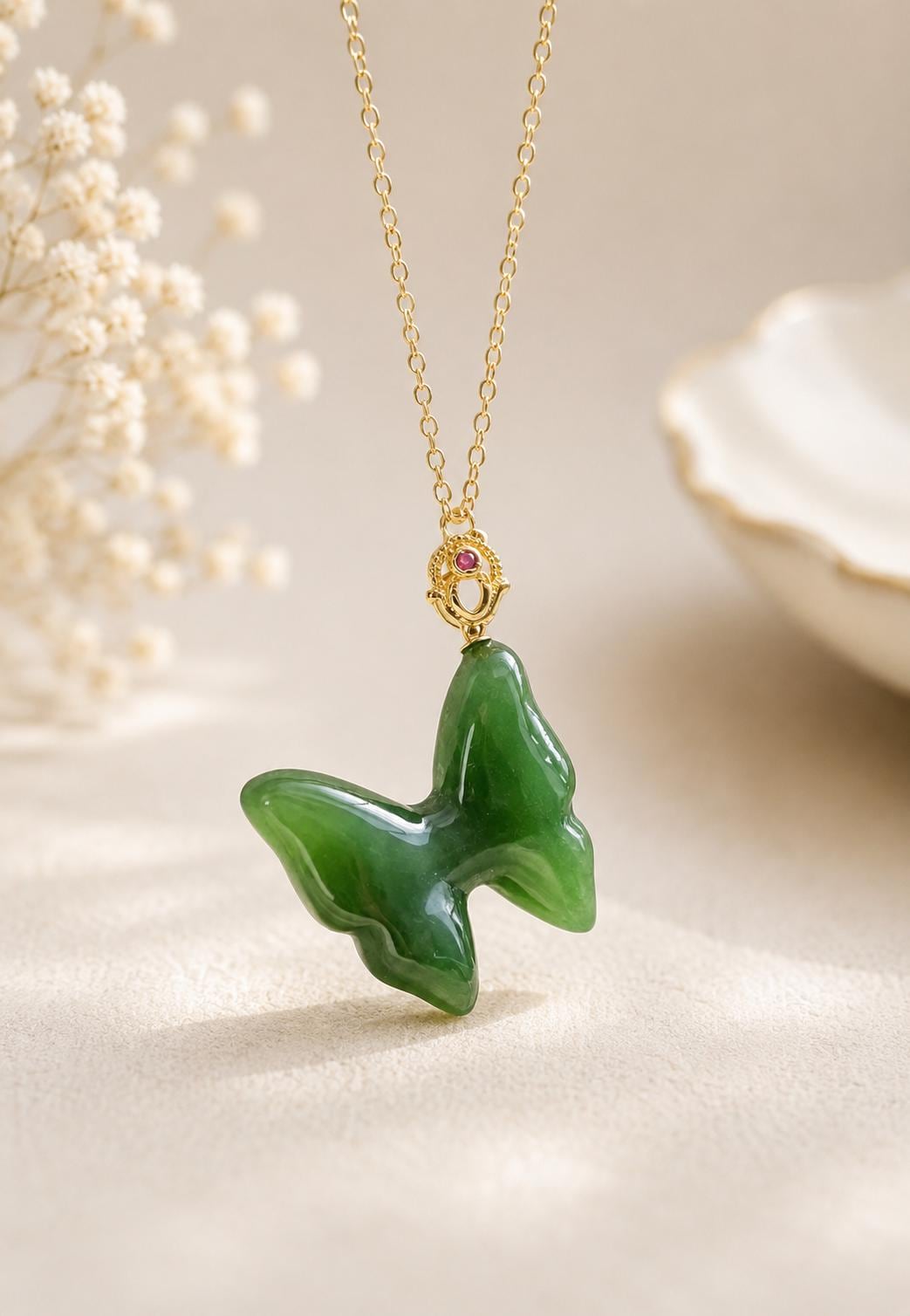 Nephrite Butterfly & Ruby in 18K Gold