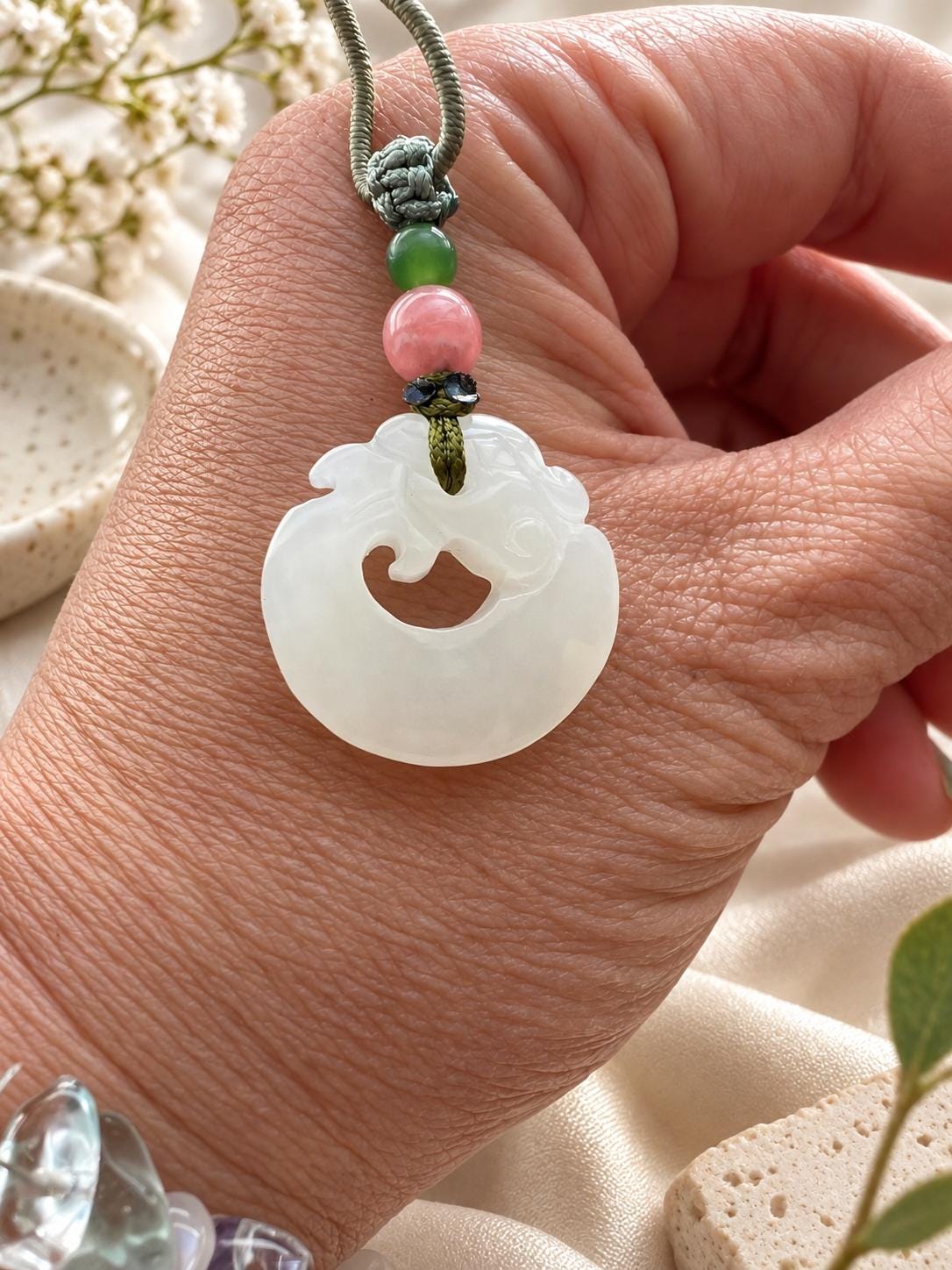 White Nephrite Dragon Cord Necklace