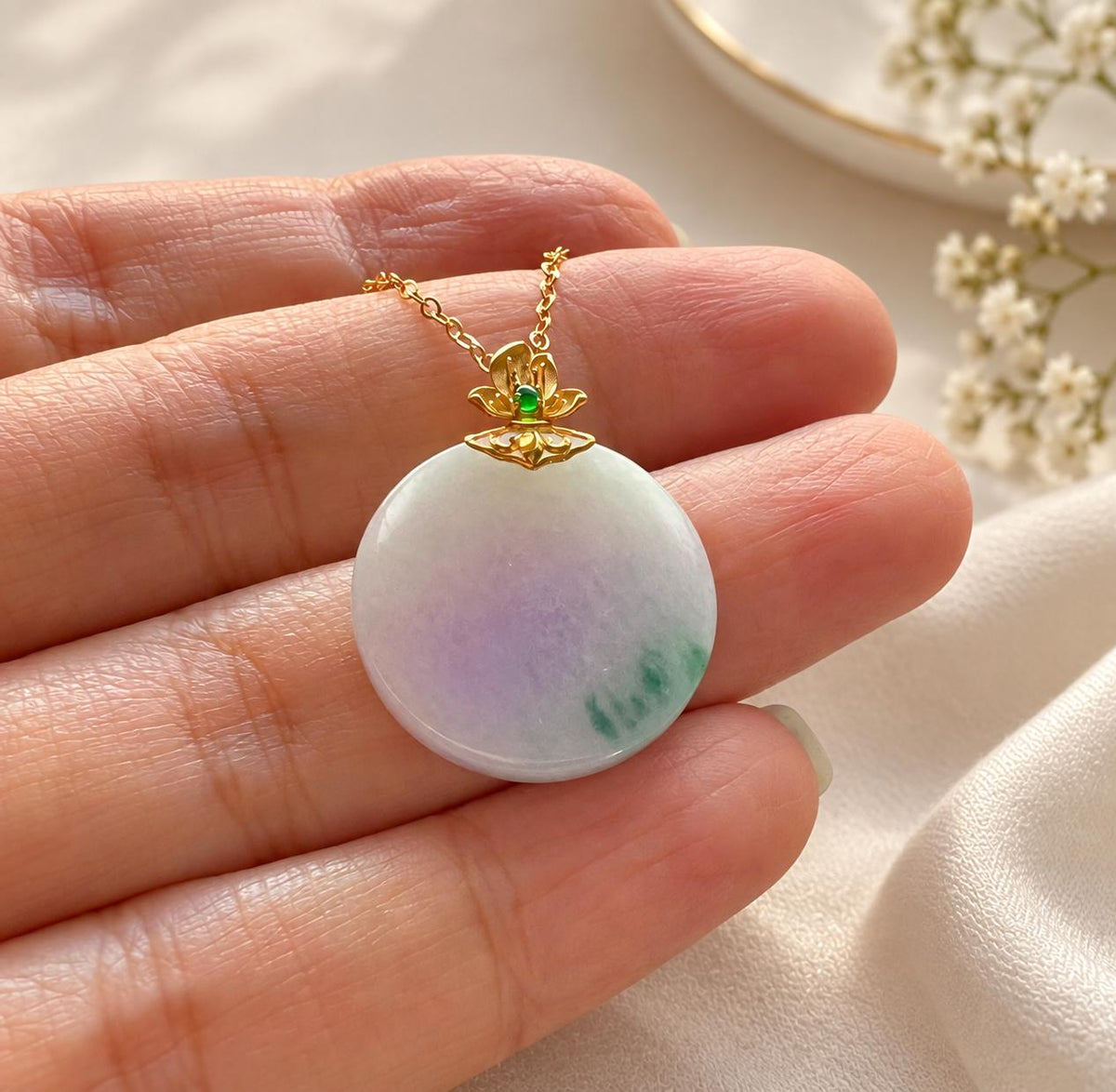 Lavender-Green Jadeite Lotus in 18K Gold