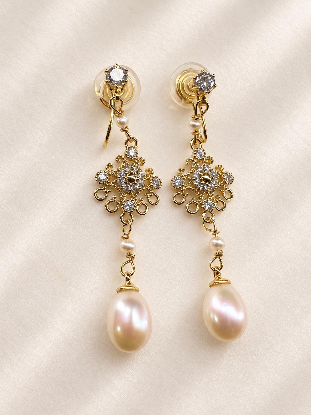 Vintage Pearl CZ Filigree Drop Earrings