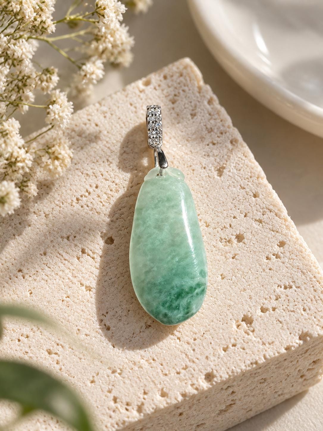 Green Jadeite Gourd Silver Pendant