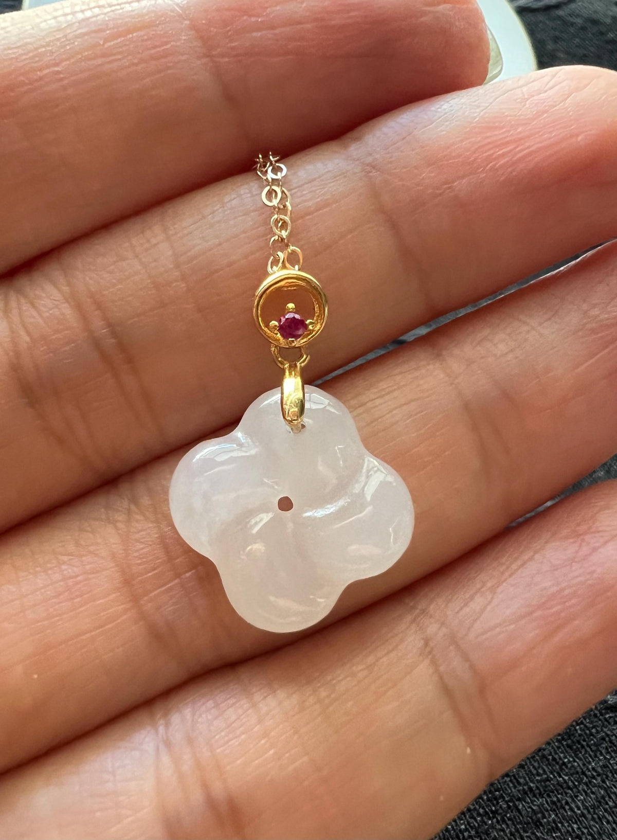 White Nephrite Clover & Ruby Pendant