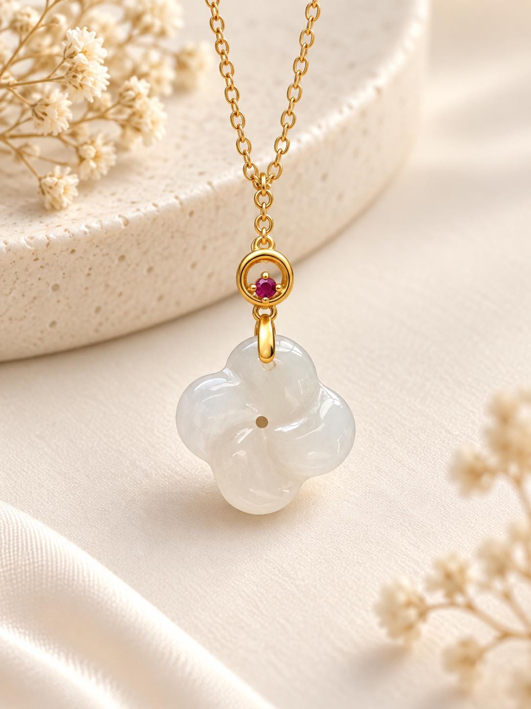 White Nephrite Clover & Ruby Pendant