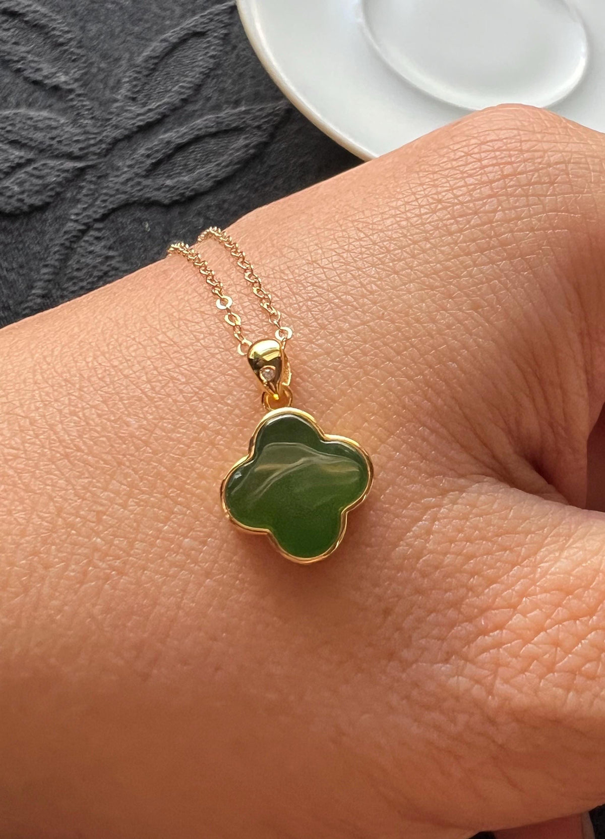 Green Nephrite Four-Leaf Clover Necklace