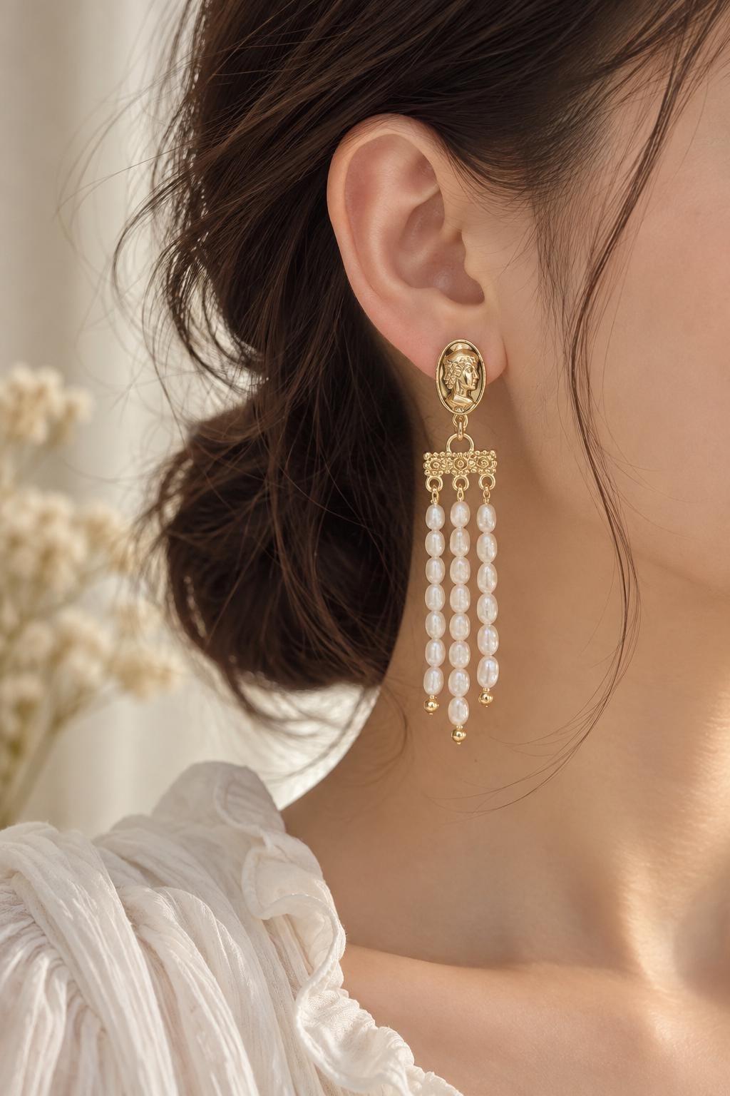 Art Deco Freshwater Pearl Multiple-Tassel Queen Stud Dangle Earrings