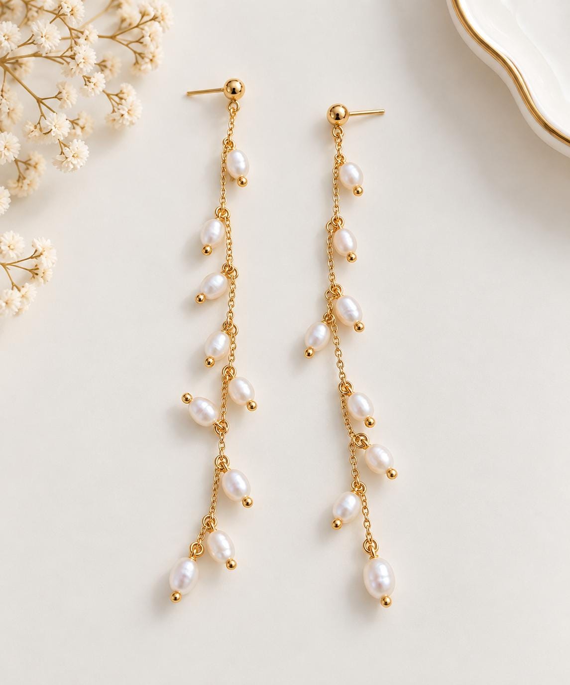 14K Gold Filled Stud Long Chain Dangle Pearl Earrings