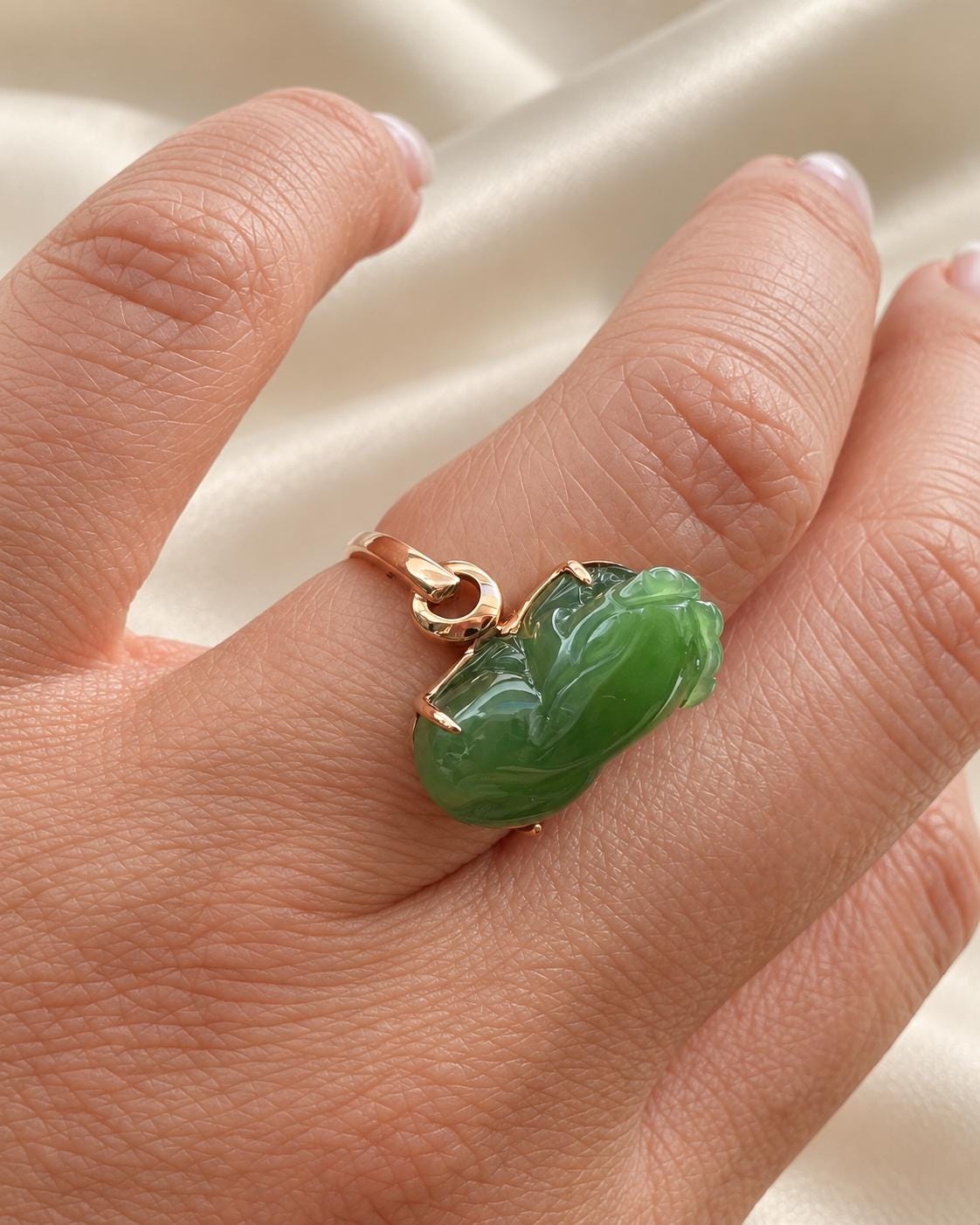 Green Nephrite Pixiu Ring in 18K Gold