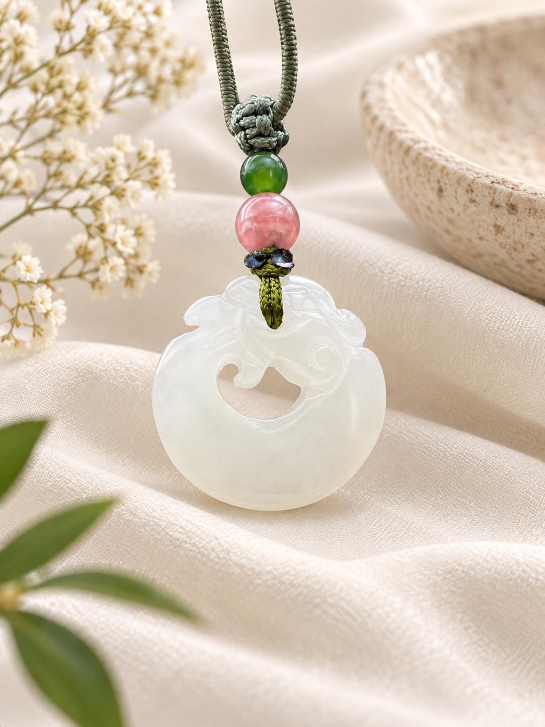White Nephrite Dragon Cord Necklace