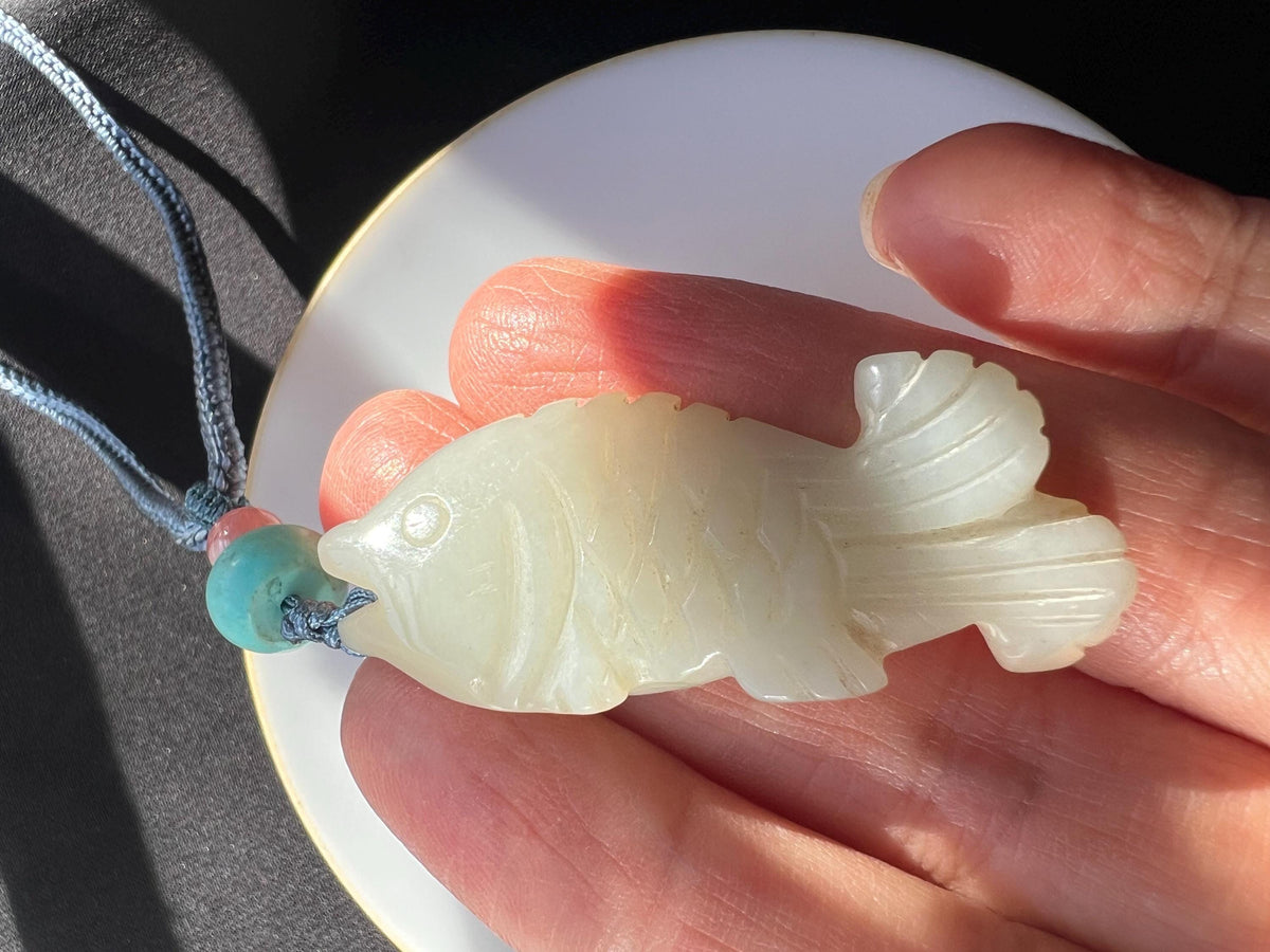 White Nephrite Fish Pendant Necklace