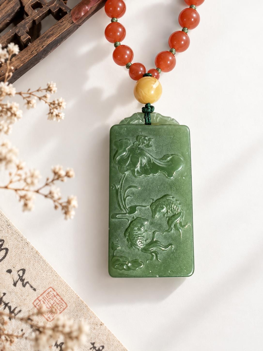 Green Nephrite Lotus & Fish Pendant