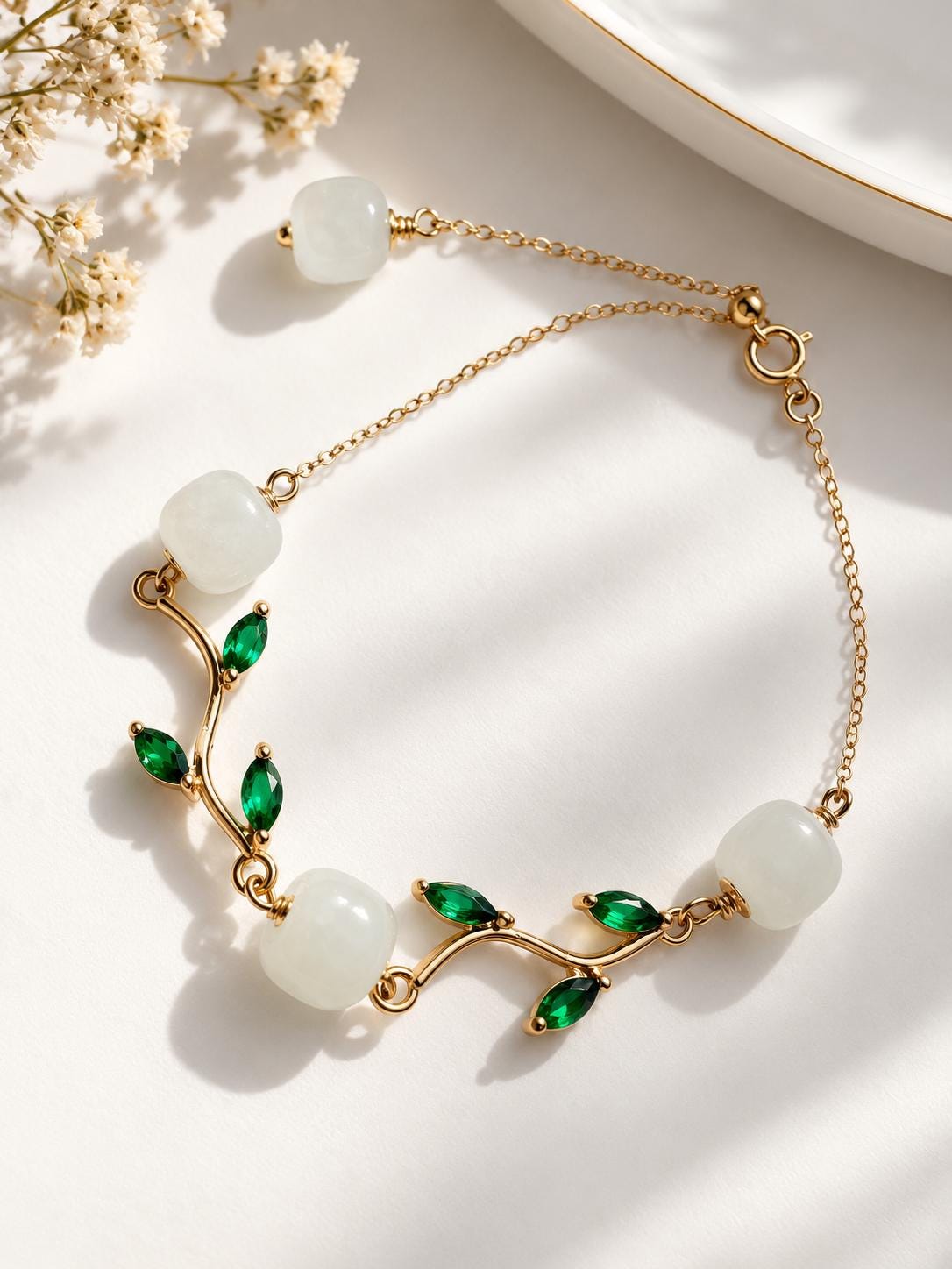 White Nephrite Leaf Vine Bracelet