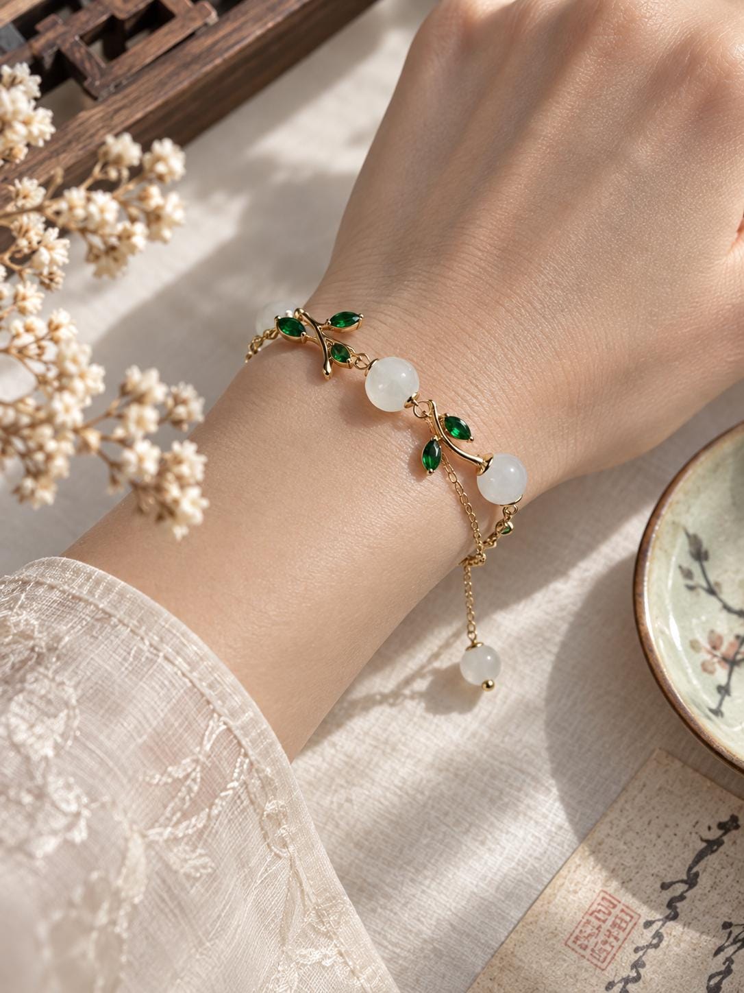 White Nephrite Leaf Vine Bracelet