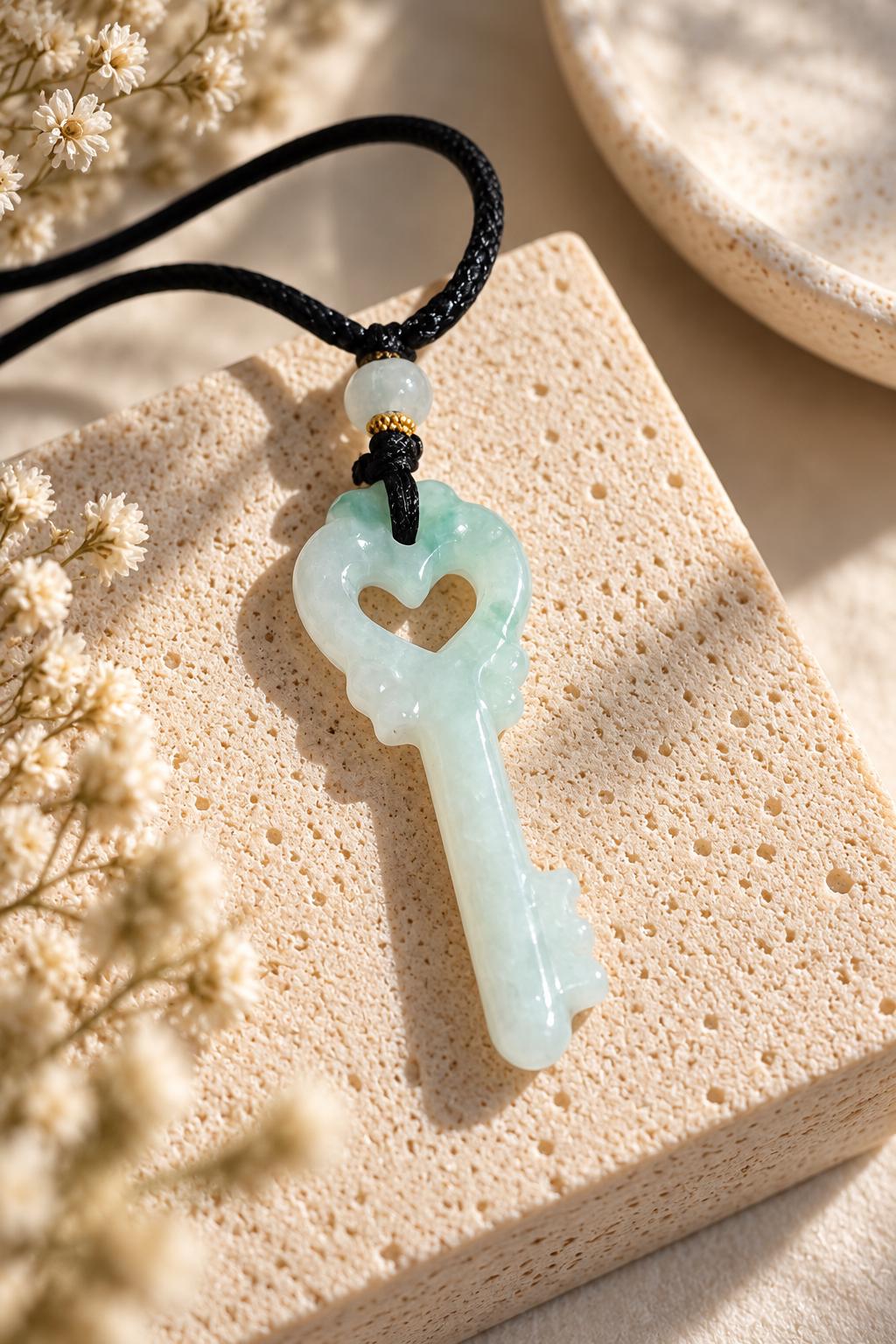 Green Jadeite Heart Key Necklace