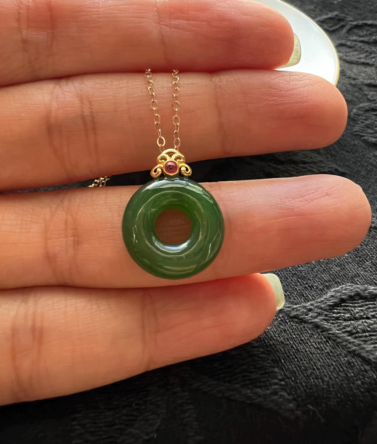 Nephrite Donut & Ruby Pendant in 18K Gold