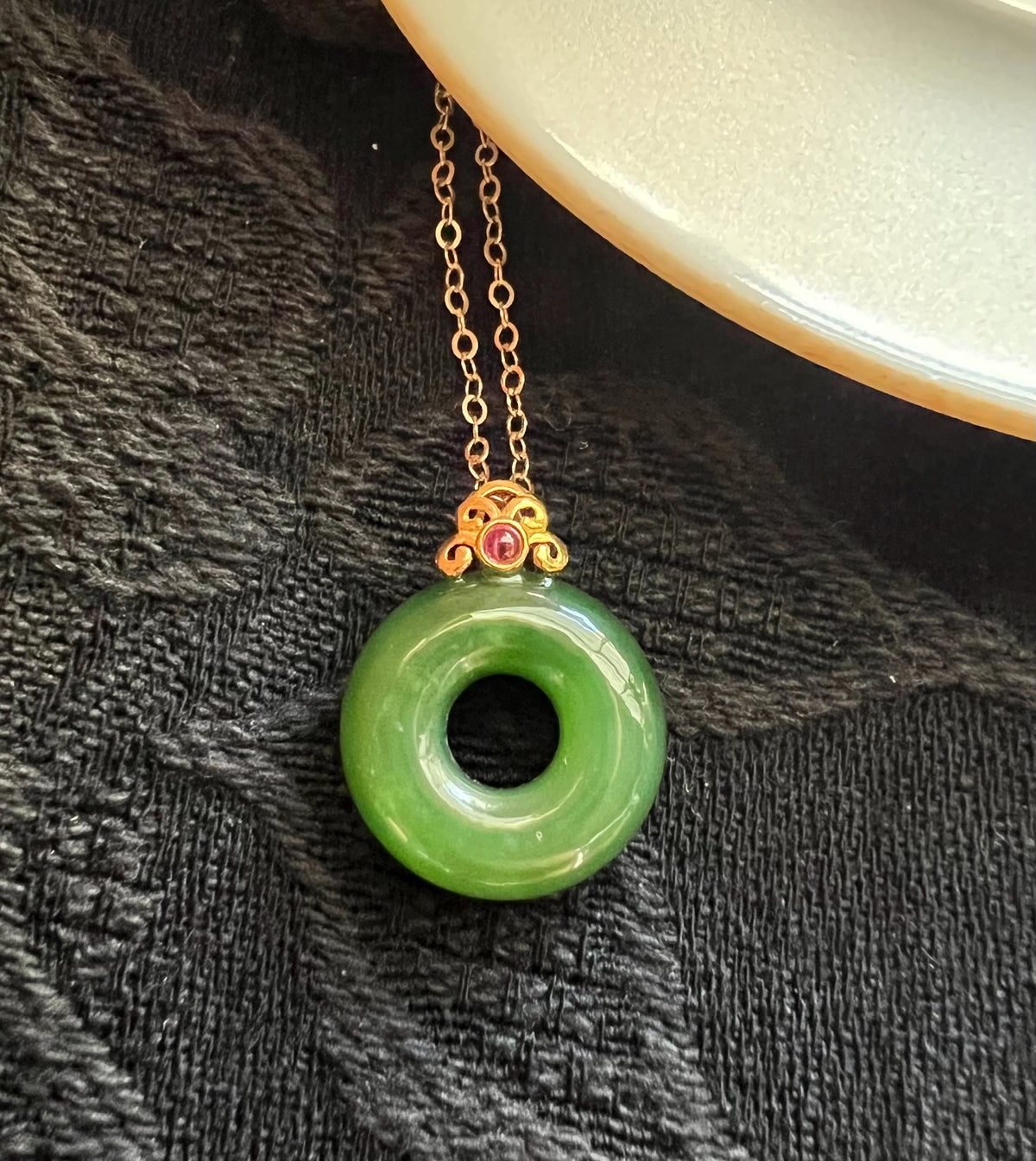 Nephrite Donut & Ruby Pendant in 18K Gold
