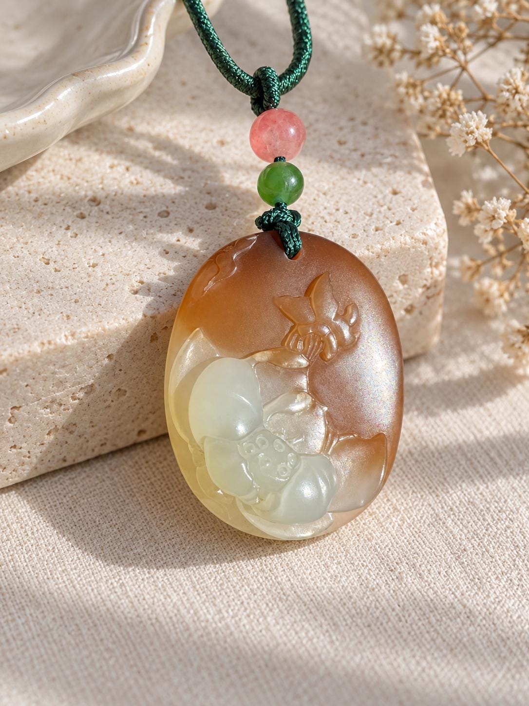 Sugar Nephrite Butterfly & Lotus Pendant
