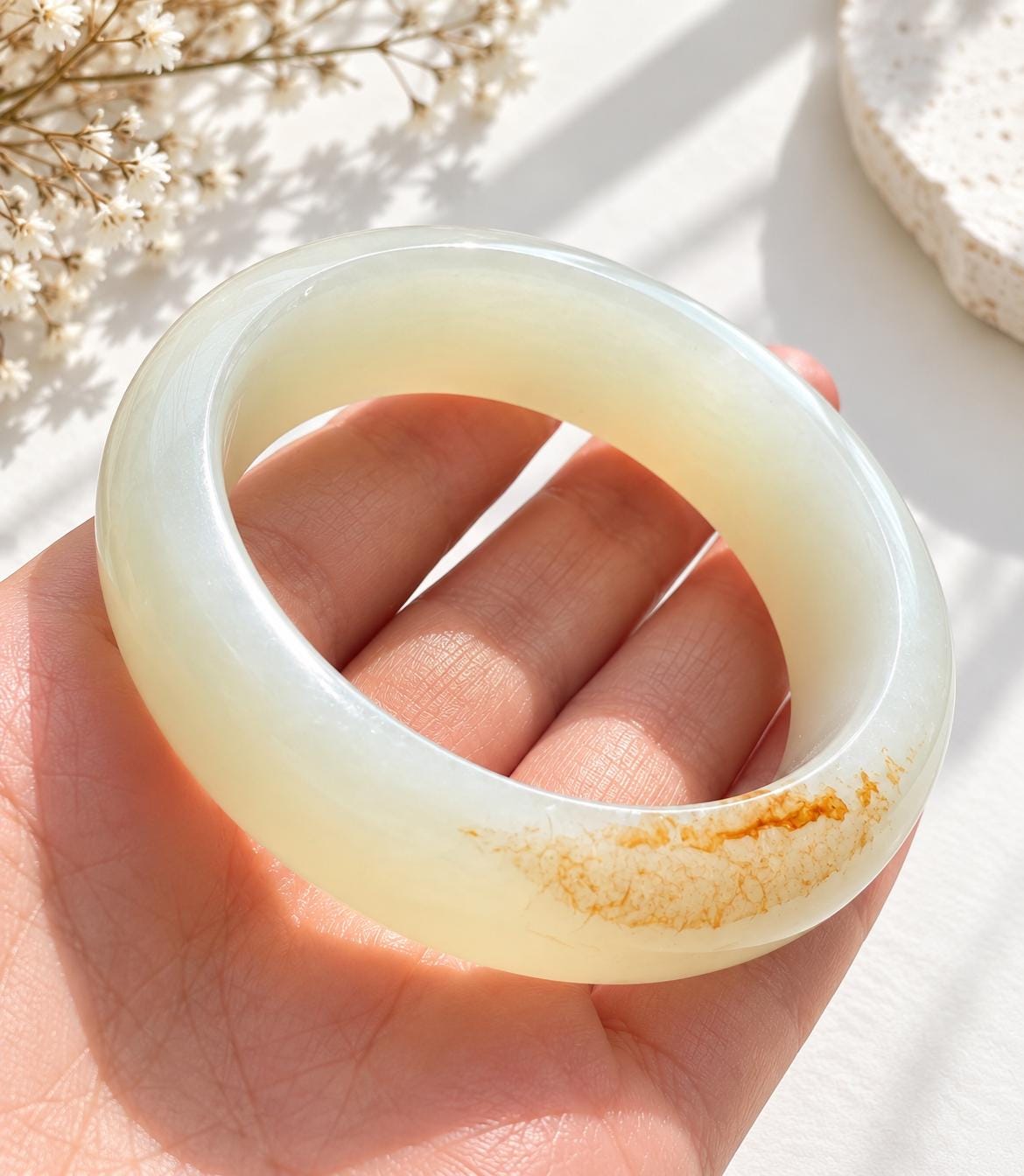 Wide White Nephrite Bangle, 57 mm