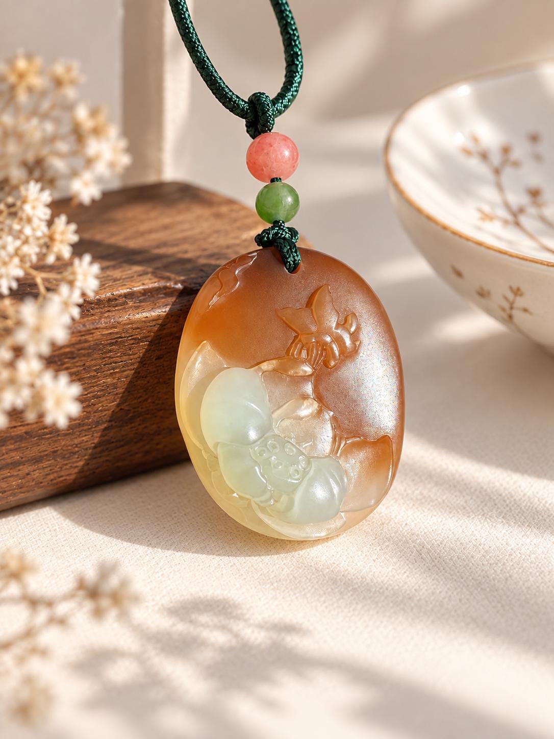Sugar Nephrite Butterfly & Lotus Pendant