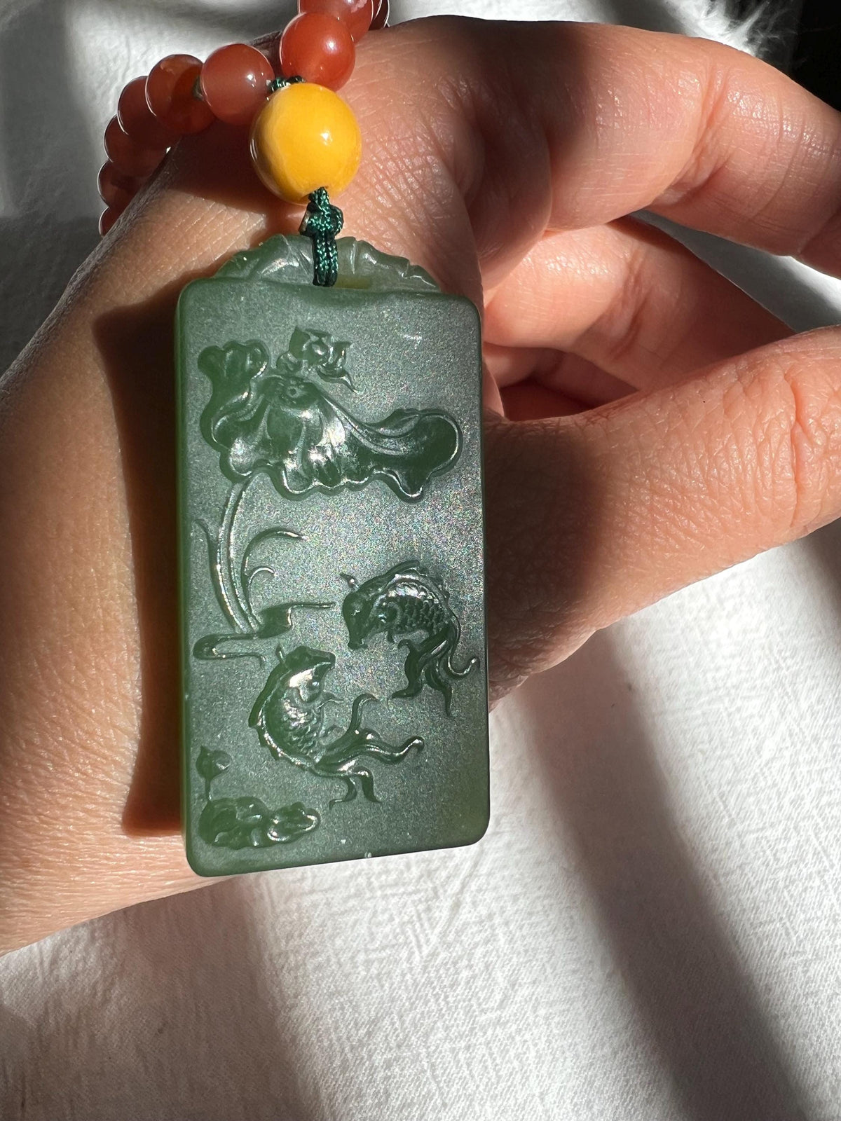 Green Nephrite Lotus & Fish Pendant
