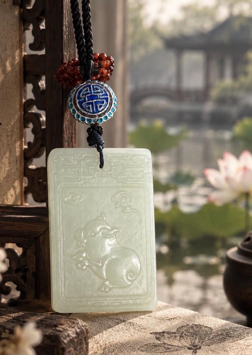 White Nephrite Pig Plaque Pendant