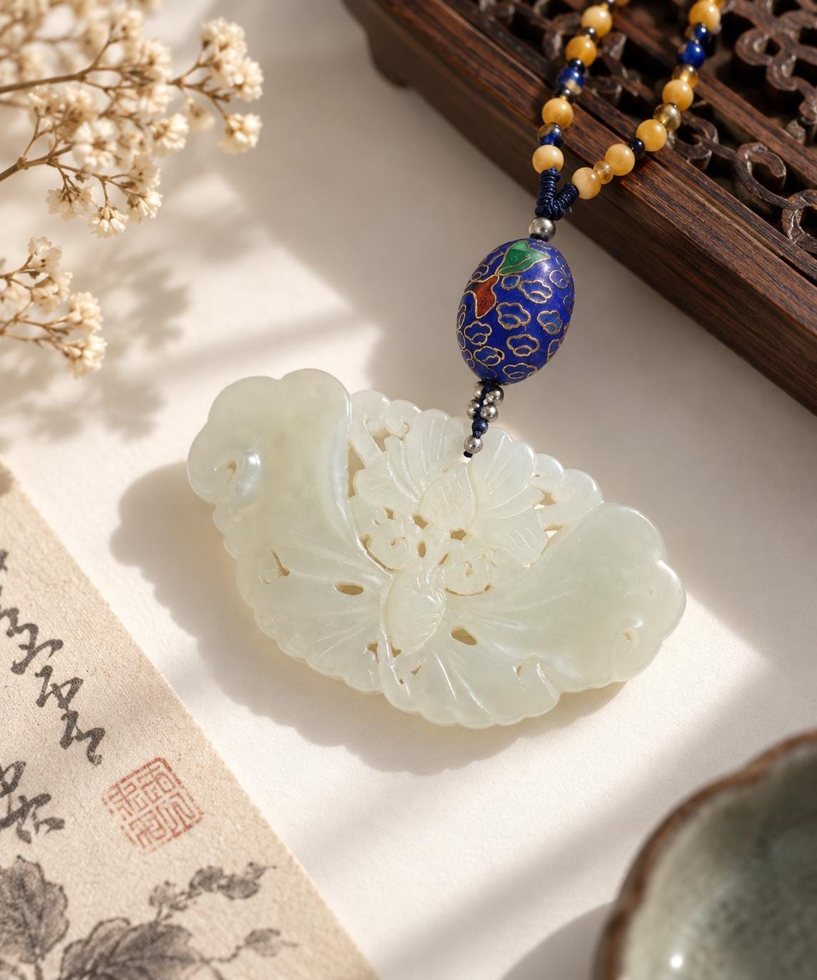 Nephrite Butterfly & Flower Pendant