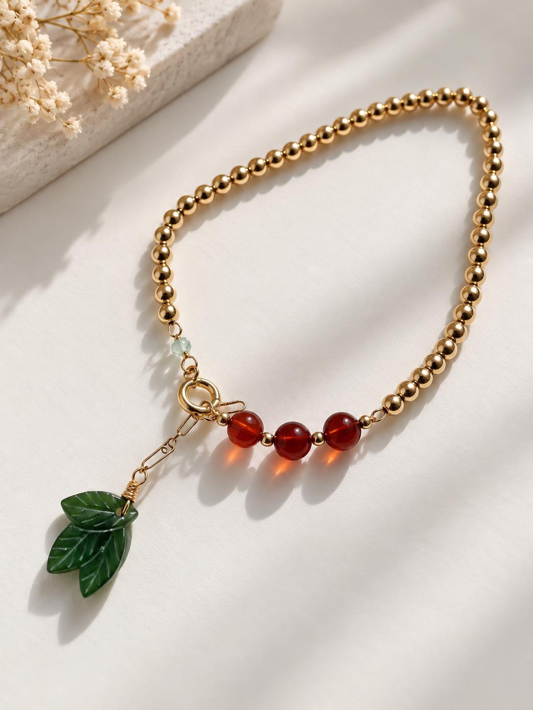 Nephrite Leaf & Red Amber Bracelet