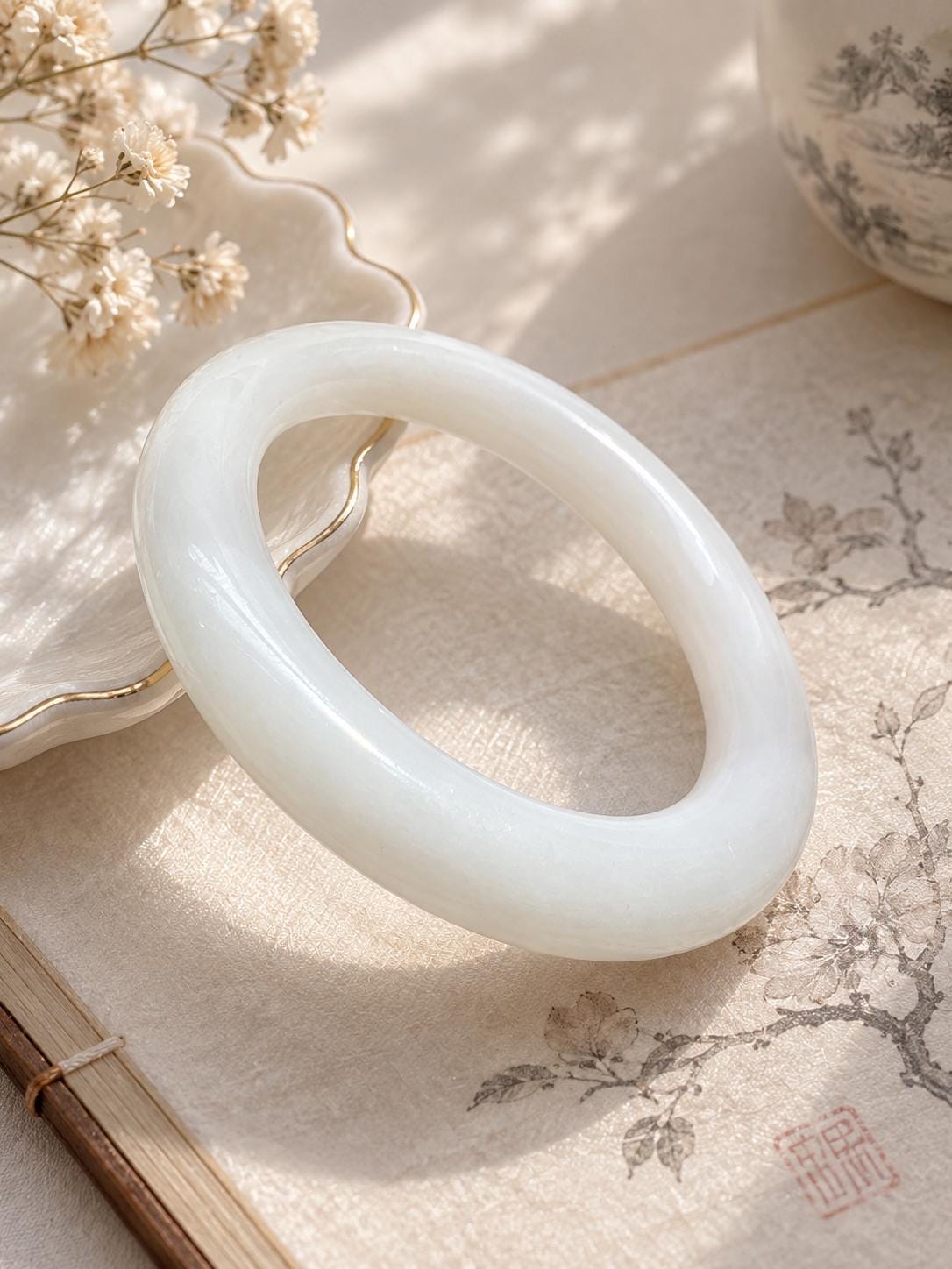 Oval White Nephrite Bangle, 57 mm