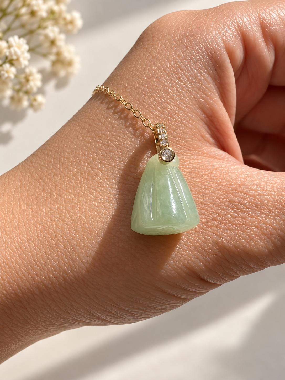 Jadeite Lotus Pod Pendant in 18K Gold