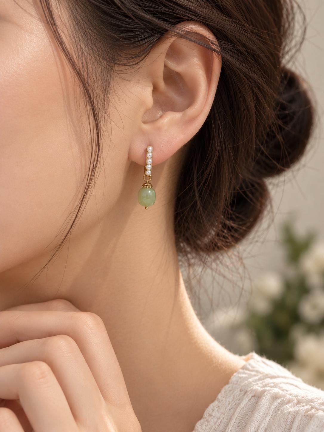 Light Green Nephrite & Pearl Earrings