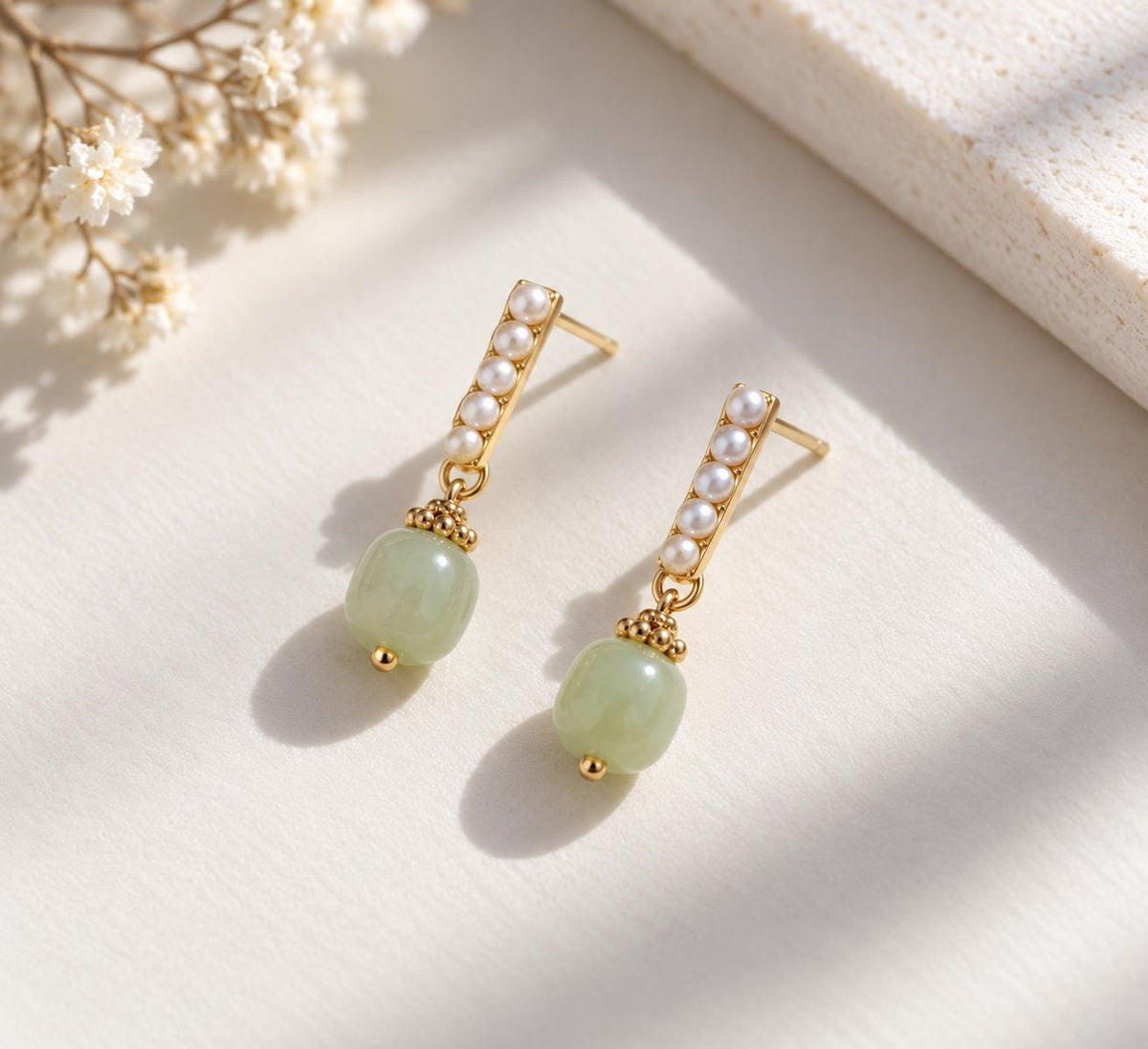 Light Green Nephrite & Pearl Earrings