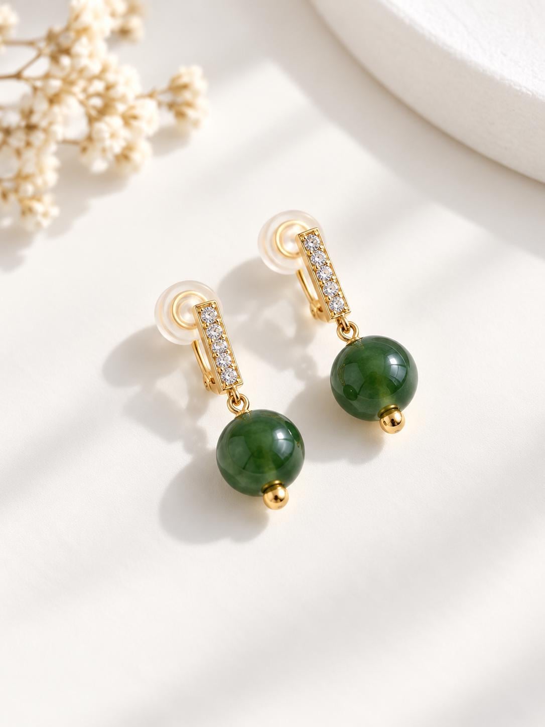 Pale Nephrite & Pearl Clip-On Earrings
