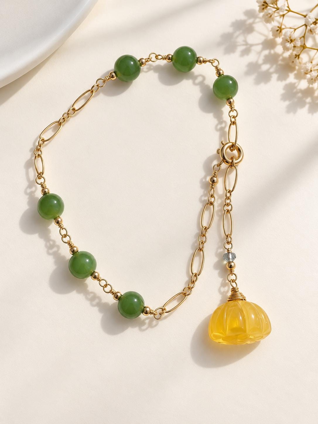 Nephrite & Amber Lotus Pod Bracelet — product image 2