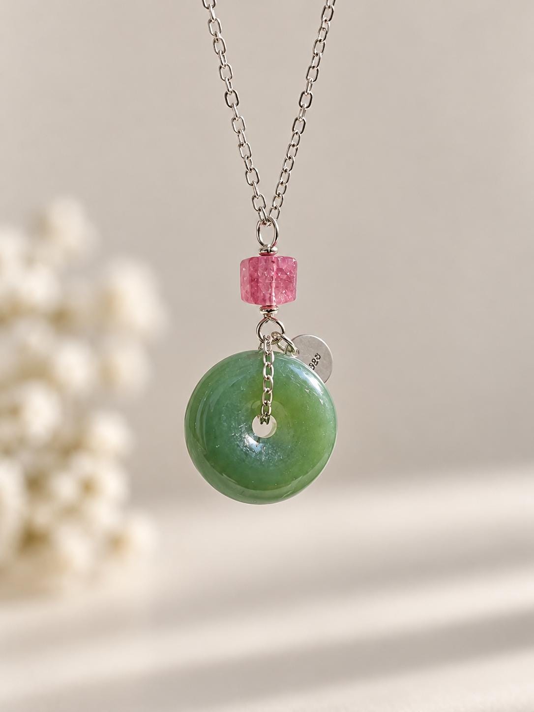 Green Nephrite & Tourmaline Donut Necklace