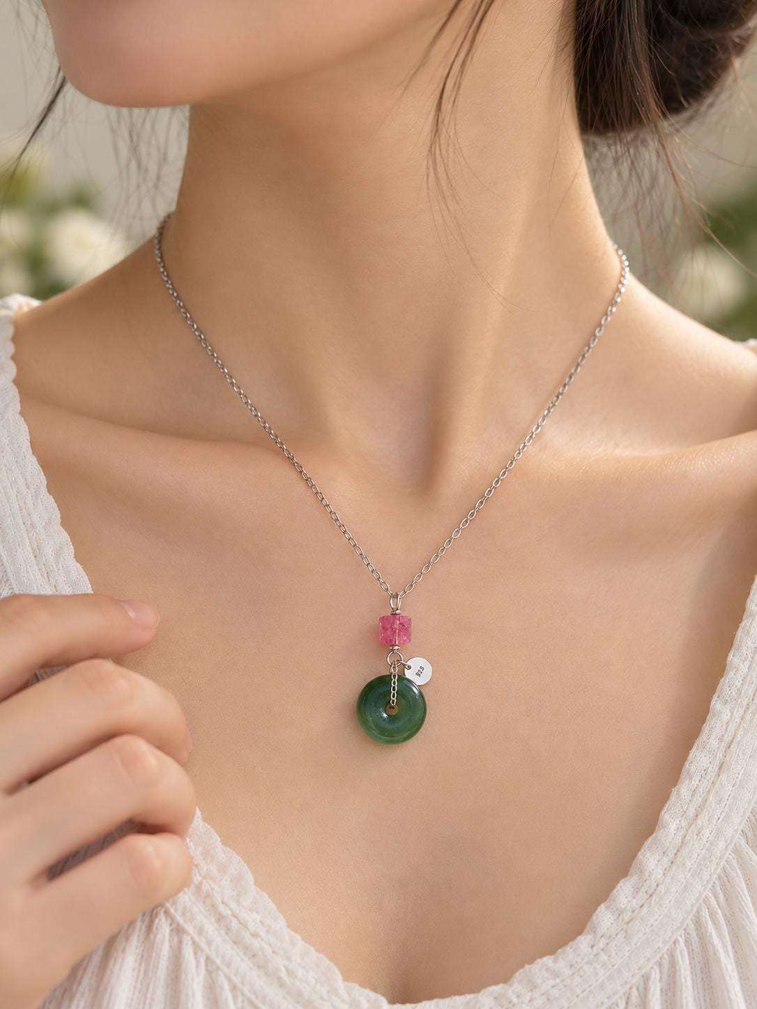 Green Nephrite & Tourmaline Donut Necklace