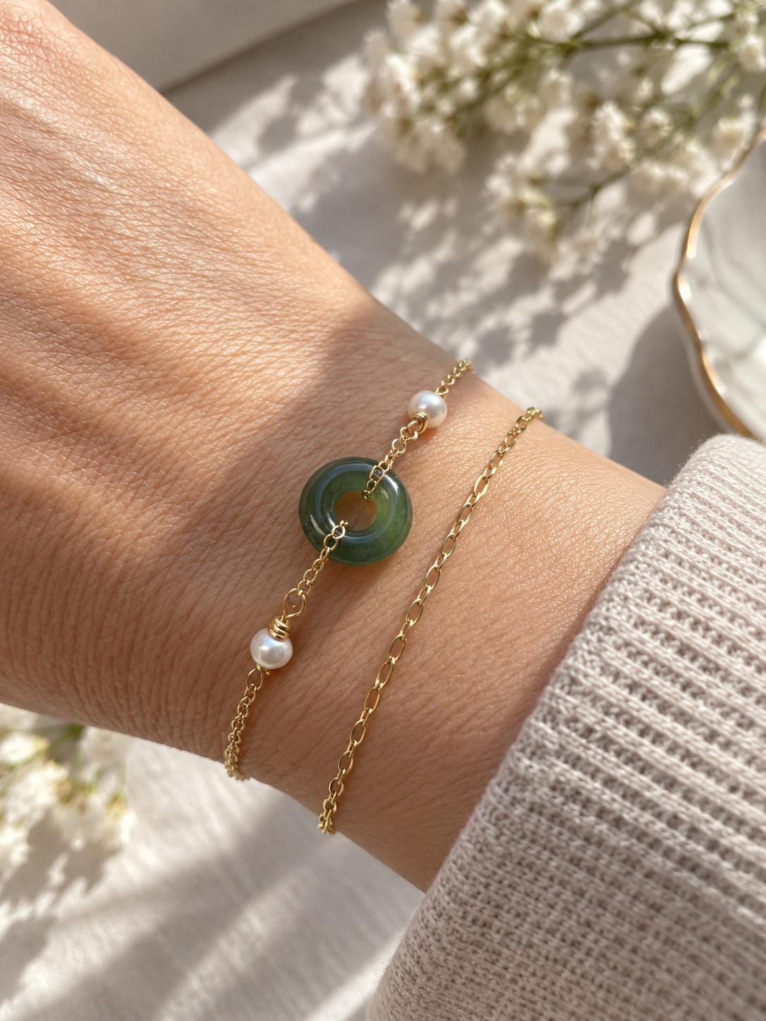 Nephrite & Freshwater Pearl Bracelet