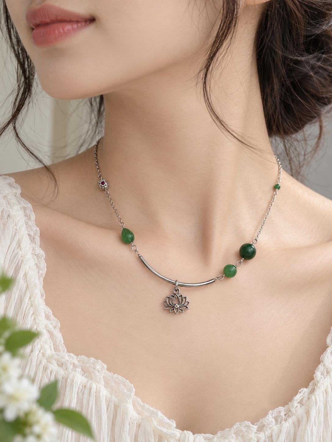 Green Nephrite Lotus or Star Necklace
